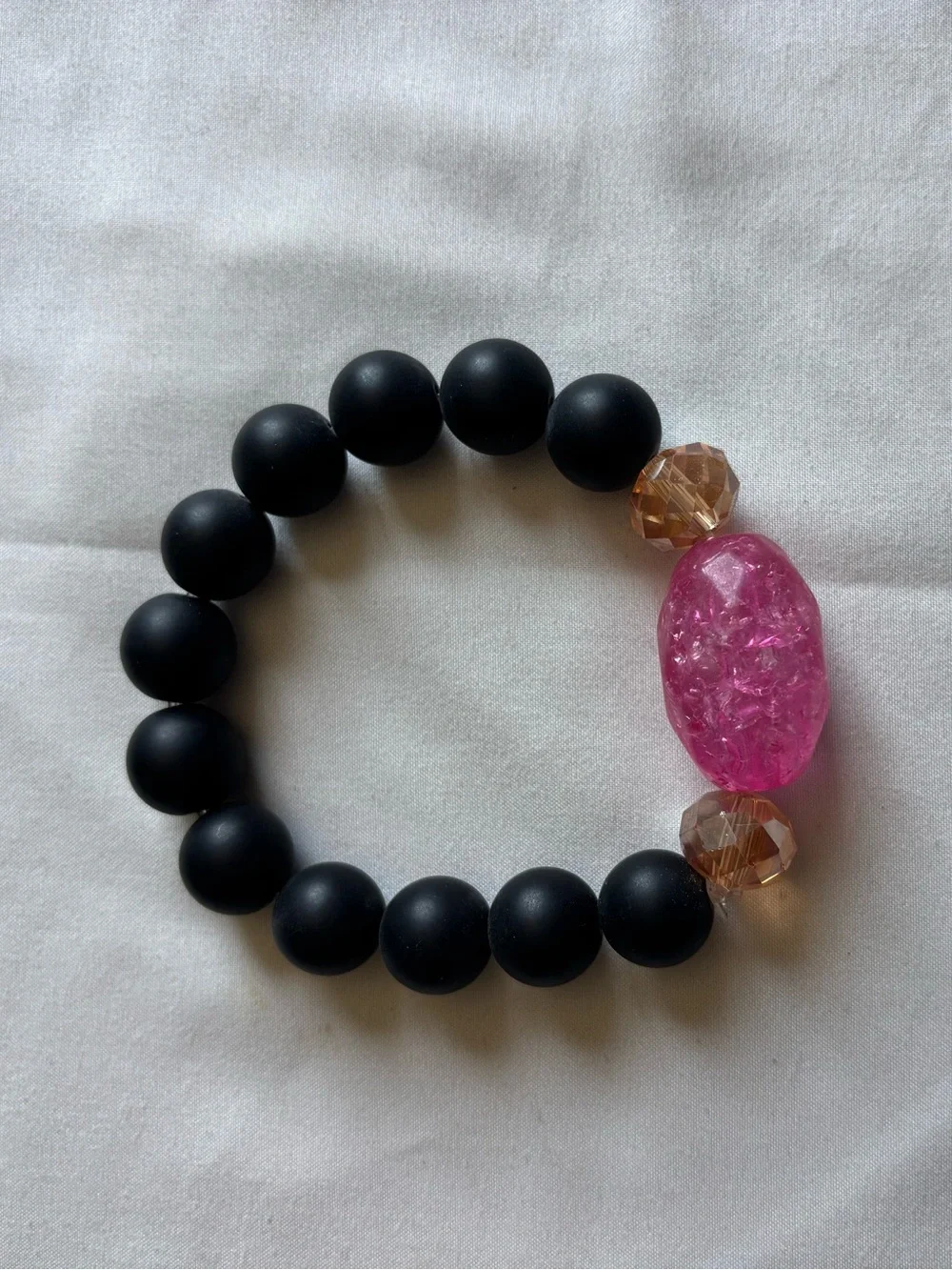 Pink Crystal Accent Black Bead Stretch Bracelet
